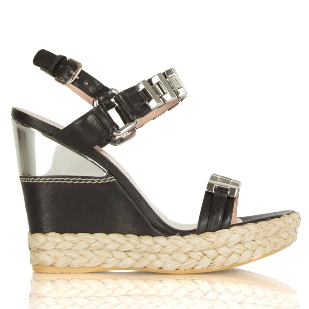 Stuart Weitzman Black Stepchain Leather Wedge Sand - Picture 3 of 6